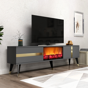 Meuble TV sur pieds avec cheminée LED 150cm gris anthracite et détails dorés Suny vue de 3/4