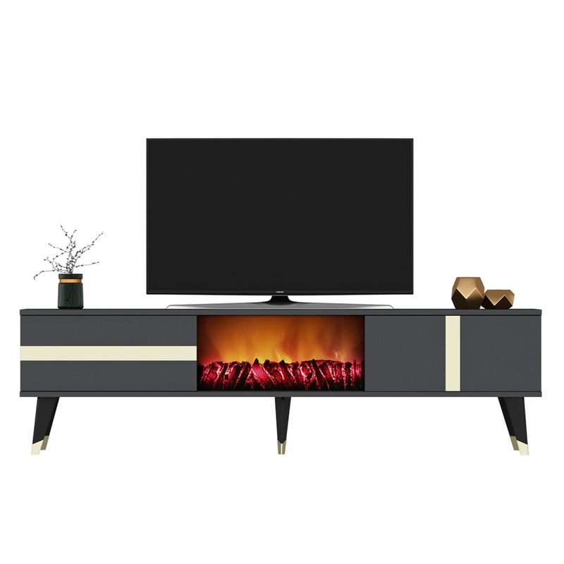 Meuble TV sur pieds avec cheminée LED 150cm gris anthracite et détails dorés Suny packshot vue de face