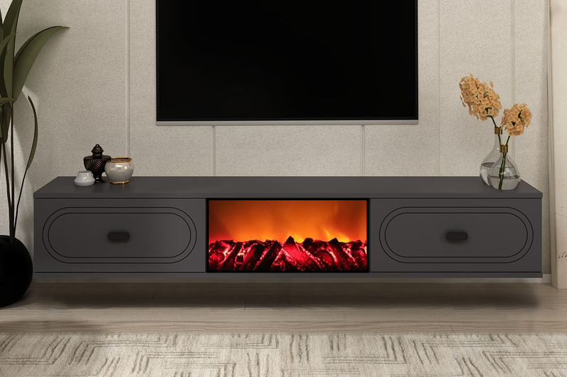 Meuble TV avec cheminée LED 150cm gris anthracite et noir Fyra vue de face
