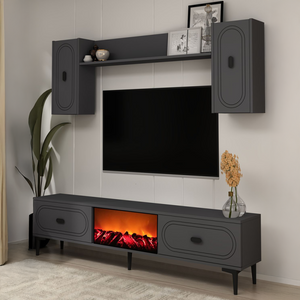 Ensemble meuble TV avec étagères murales et cheminée LED 150cm gris anthracite vue de 3/4