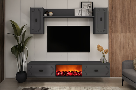 Ensemble meuble TV avec étagères murales et cheminée LED 150cm gris anthracite vue de face