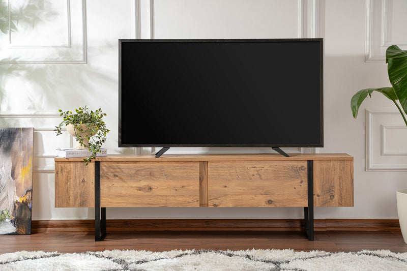 Meuble tv industriel avec placards bois et noir 180cm Moov photo d'ambiance avec télé