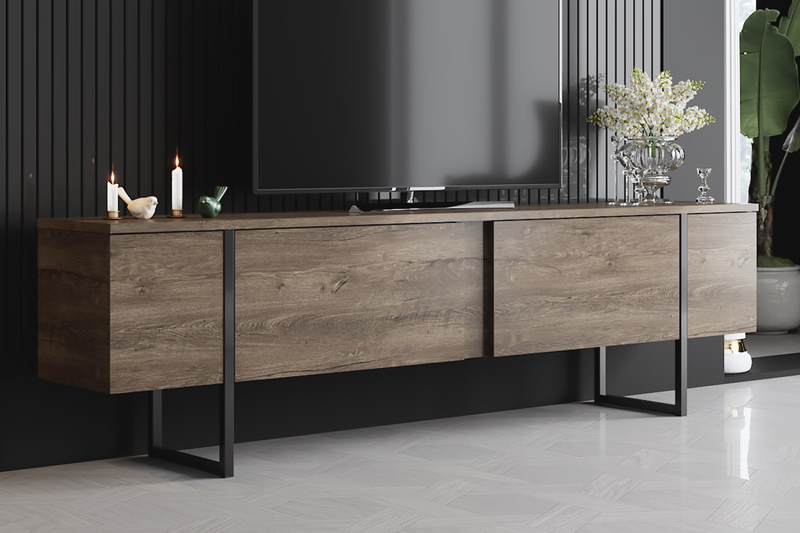 Meuble TV avec placards aspect bois de noyer et détails noirs 180cm ambiance