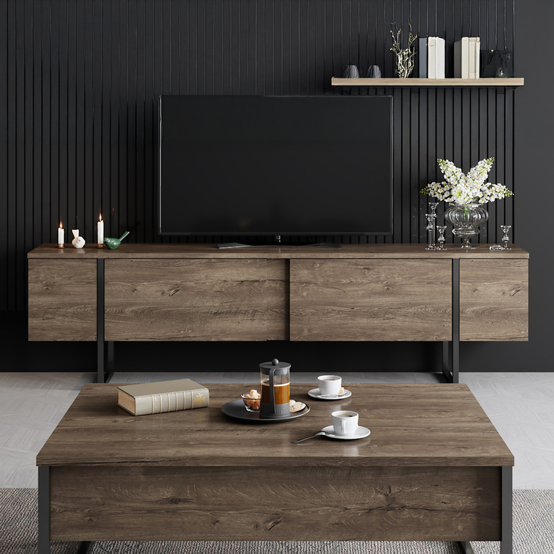 Meuble TV avec placards aspect bois de noyer et détails noirs 180cm vue de face