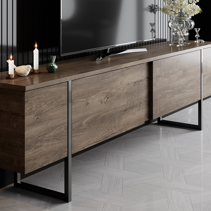 Meuble TV avec placards aspect bois de noyer et détails noirs 180cm zoom