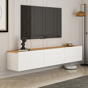 Meuble TV suspendu avec placards 150cm blanc et bois Hal vue de 3/4