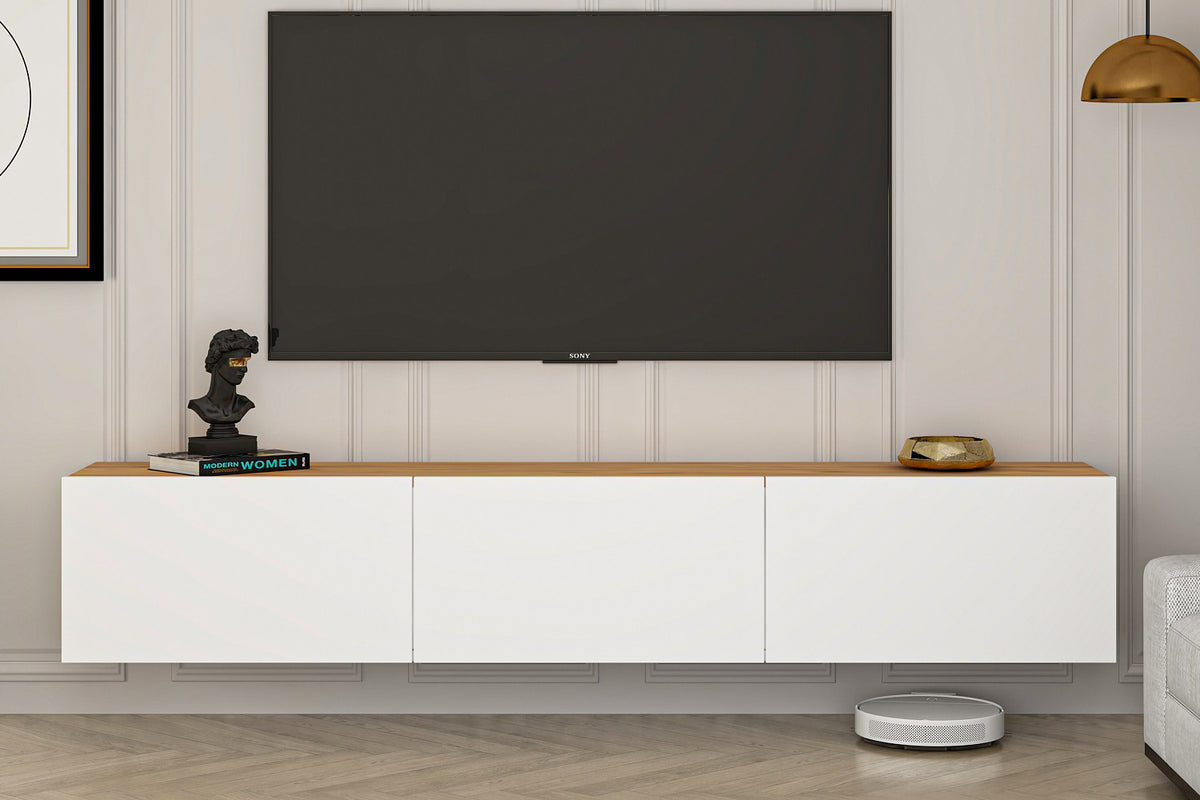 Meuble TV suspendu avec placards 150cm blanc et bois Hal photo d'ambiance