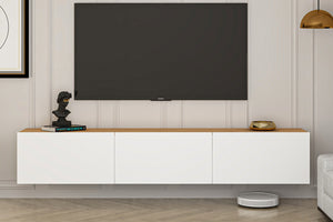 Meuble TV suspendu avec placards 150cm blanc et bois Hal photo d'ambiance