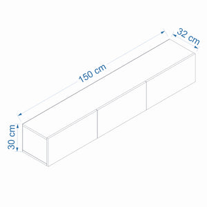 Dimensions meuble TV suspendu avec placards 150cm blanc et bois Hal 