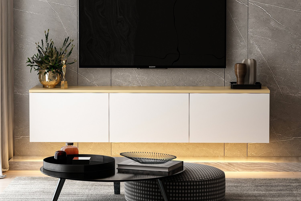 Meuble TV LED suspendu avec placards blanc et plateau bois 160cm Lumi vue de face