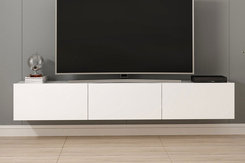 Meuble TV suspendu avec placards blanc 180cm Pary vue de face