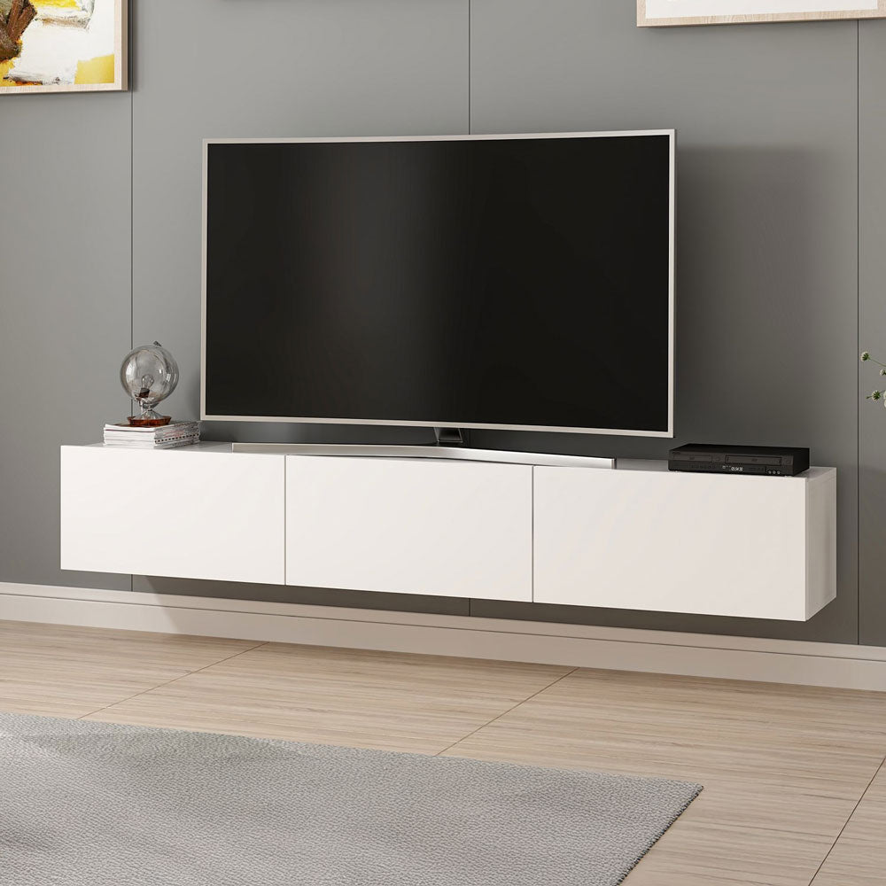 Meuble TV suspendu avec placards blanc 180cm Pary vue 3/4