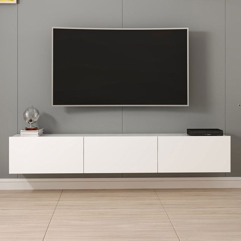 Meuble TV suspendu avec placards blanc 180cm Pary avec télé suspendue