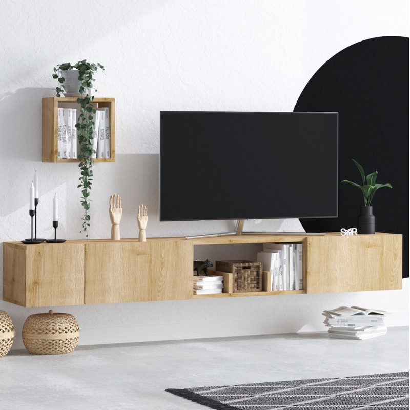 meuble TV en bois suspendu Bergen portes ouvertes