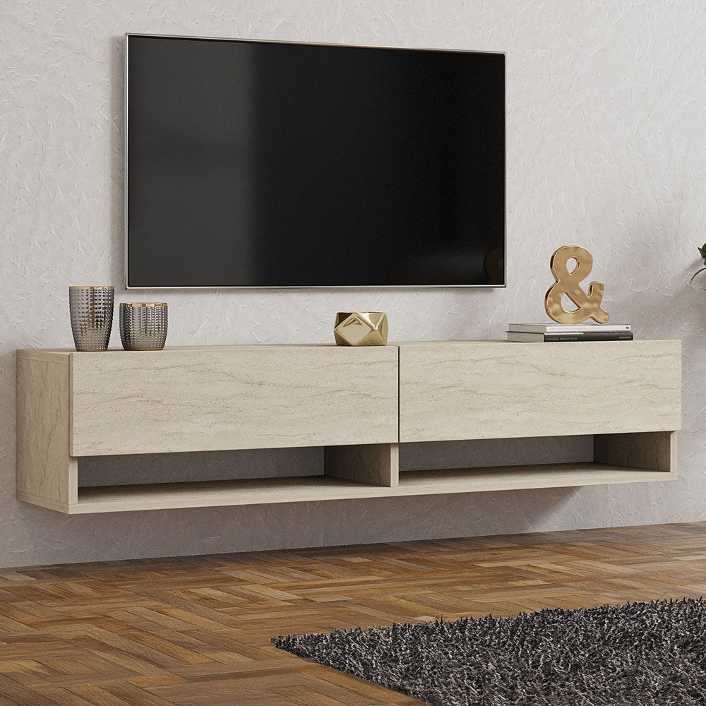 Meuble TV suspendu avec placards et étagères aspect travertin 140cm Sarty vue 3/4