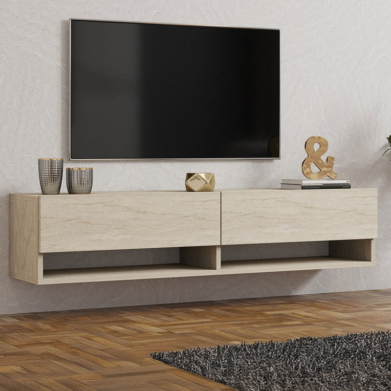 Meuble TV suspendu avec placards et étagères aspect travertin 140cm Sarty vue 3/4