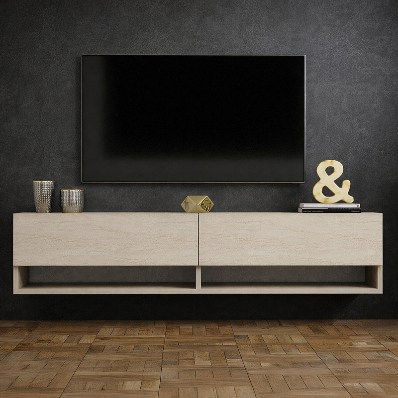 Meuble TV suspendu avec placards et étagères aspect travertin 140cm Sarty vue de face sur fond noir