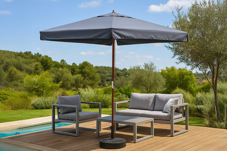 Parasol gris avec son mât en bois 3 x 3 m Palawan photo d'ambiance