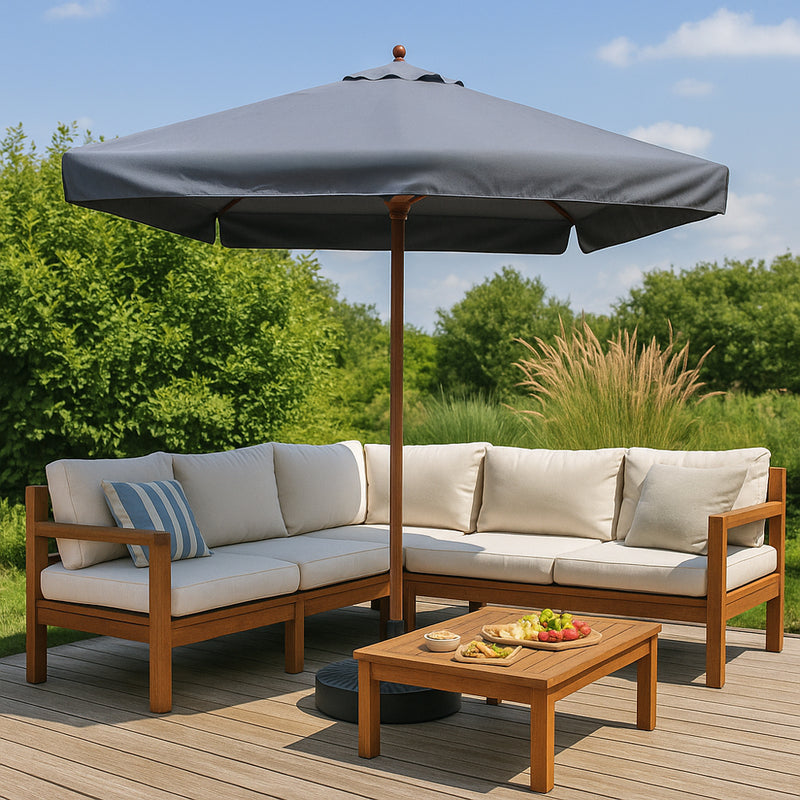 Parasol gris avec son mât en bois 3 x 3 m Palawan mise en situation terrasse