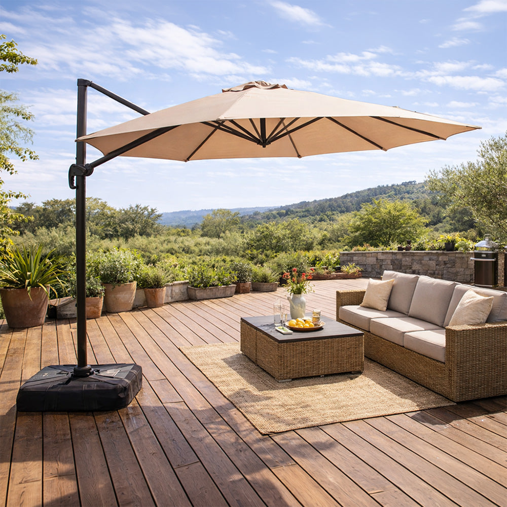 parasol déporté rotatif rond taupe castillo 350 cm