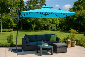 Parasol carré déporté 3x3 bleu turquoise en aluminium Capri photo d'ambiance