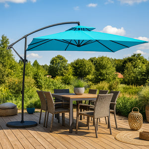 Parasol carré déporté 3x3 bleu turquoise en aluminium Capri mise en situation