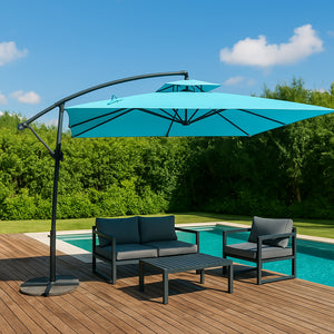Parasol carré déporté 3x3 bleu turquoise en aluminium Capri mise en situation bord de piscine
