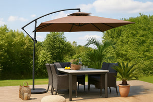 Parasol carré déporté 3x3 chocolat en aluminium Capri photo d'ambiance