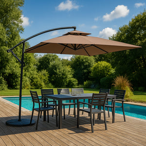 Parasol carré déporté 3x3 chocolat en aluminium Capri mise en situation