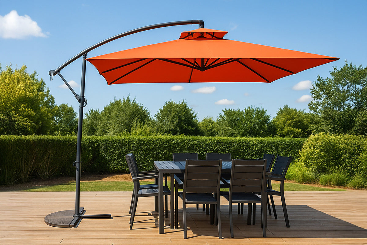 Parasol carré déporté 3x3 terracotta en aluminium Capri photo d'ambiance