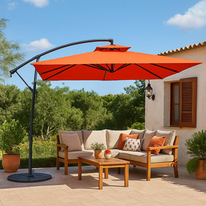 Parasol carré déporté 3x3 terracotta en aluminium Capri mise en situation terrasse