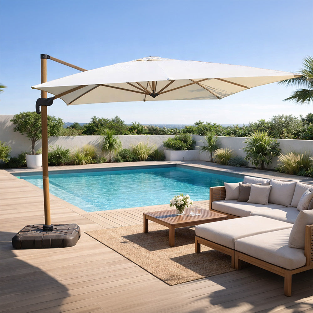 parasol déporté rotatif effet bois 3x4m ecru cesare