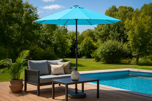Parasol circulaire 3m droit avec LED bleu turquoise en aluminium Manarola photo d'ambiance