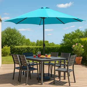 Parasol circulaire 3m droit avec LED bleu turquoise en aluminium Manarola mise en situation terrasse