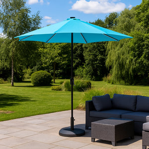 Parasol circulaire 3m droit avec LED bleu turquoise en aluminium Manarola mise en situation jardin