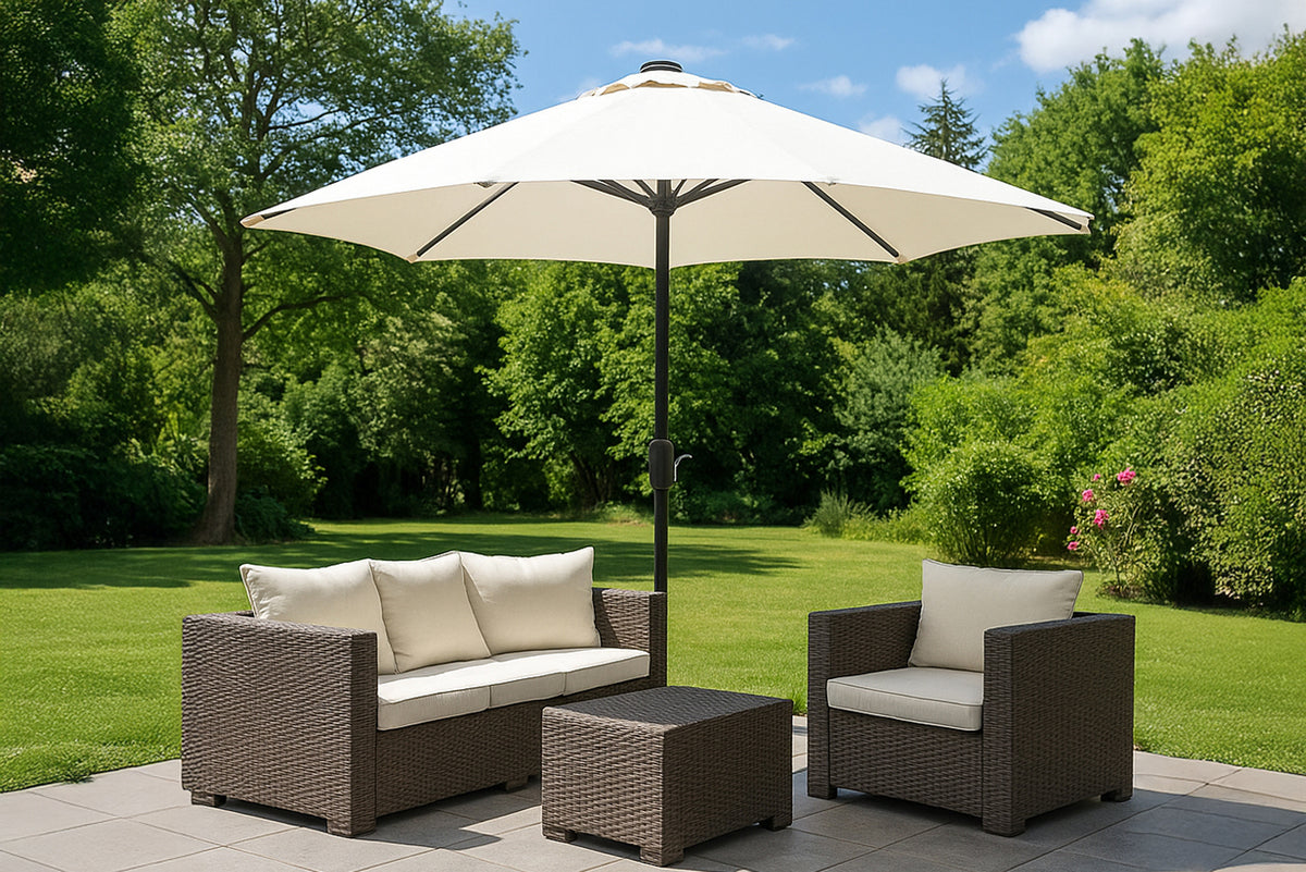 Parasol circulaire 3m droit avec LED écru en aluminium Manarola photo d'ambiance