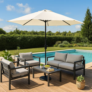 Parasol circulaire 3m droit avec LED écru en aluminium Manarola mise en situation bord de piscine