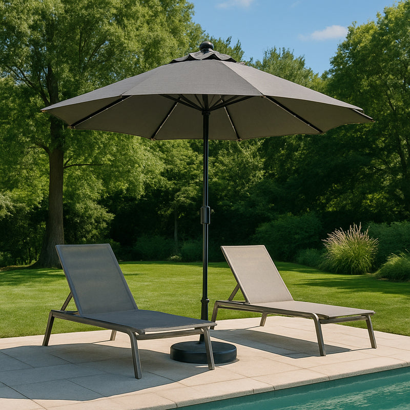 Parasol circulaire 2.7m droit avec LED gris en aluminium Amalfi photo de mise en situation