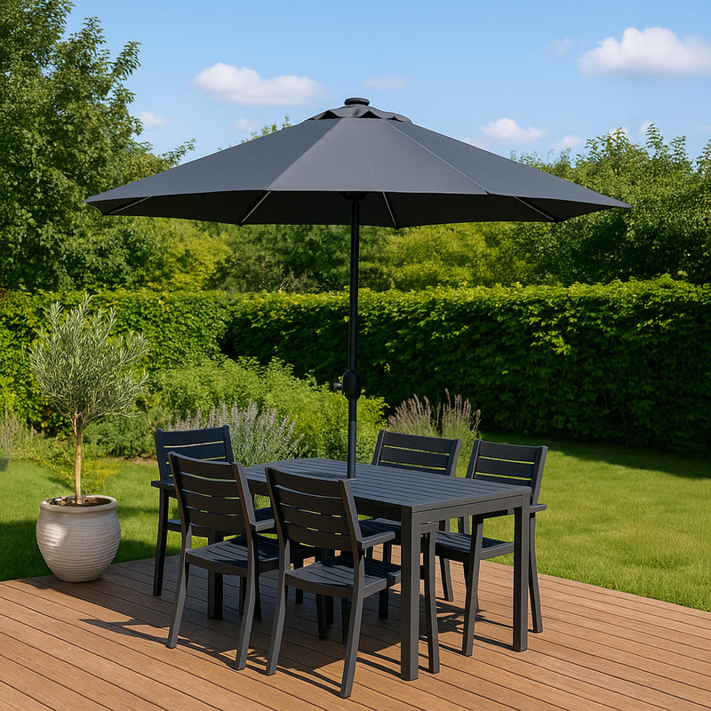 Parasol circulaire 3m droit avec LED gris en aluminium Manarola mise en situation terrasse