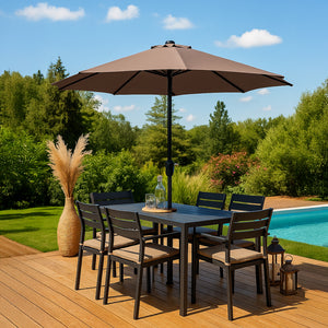 Parasol circulaire 3m droit avec LED chocolat en aluminium Manarola mise en situation terrasse