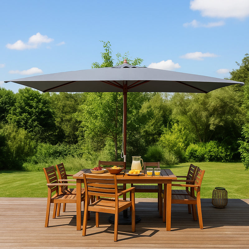 Parasol rectangulaire droit 3x2 gris en bois Pise mise en situation terrasse repas