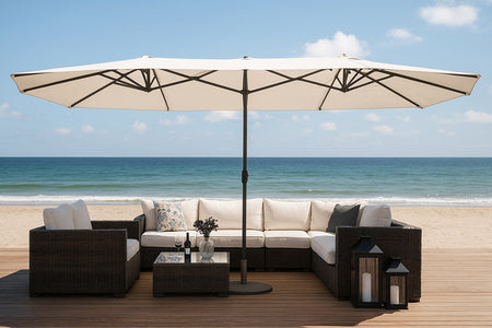 Parasol rectangulaire double 2.7x4.6 écru Venice photo d'ambiance