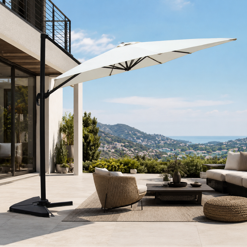parasol déporté rectangulaire ecru 3x4 m rotatif 