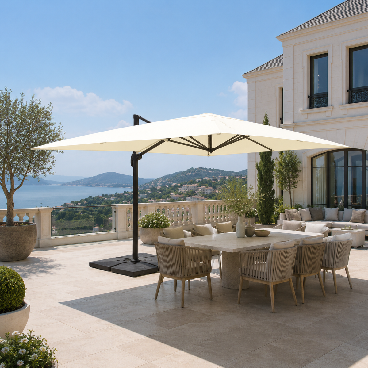 parasol déporté rectangulaire ecru 3x4 m rotatif 