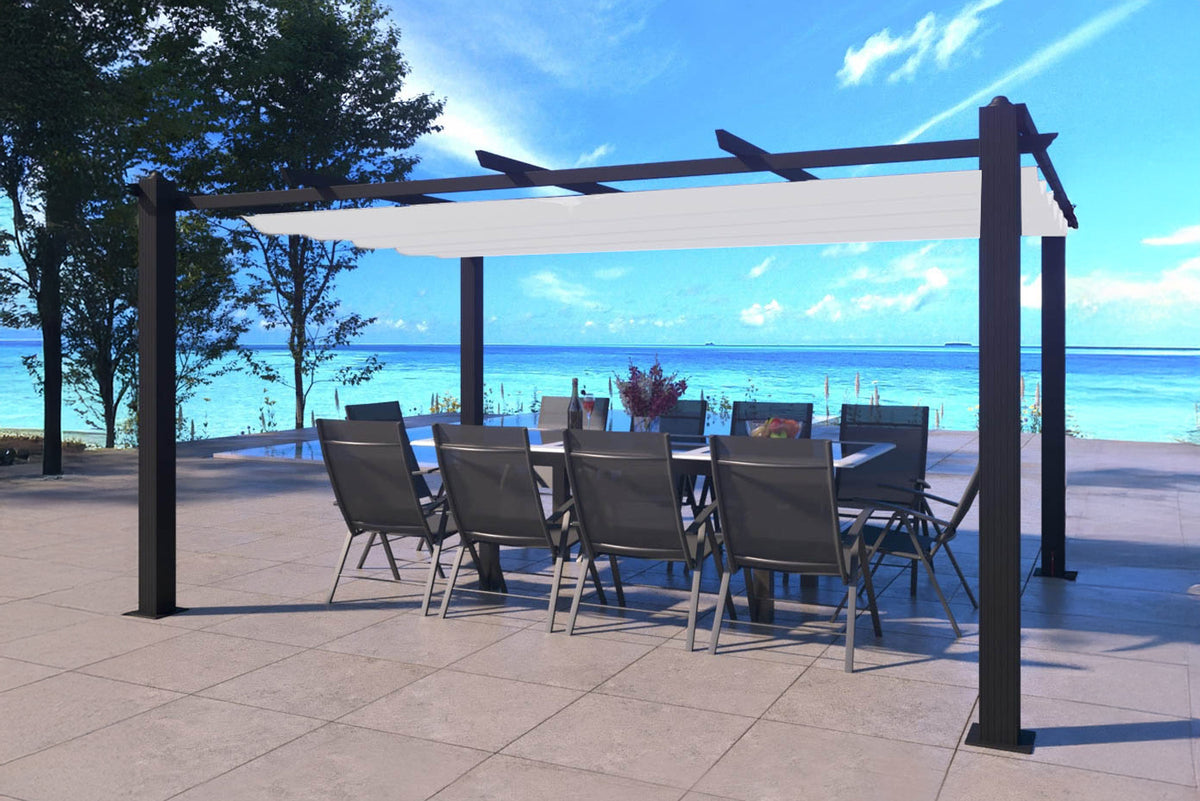 Pergola autoportée en aluminium avec toile rétractable beige Nila photo d'ambiance