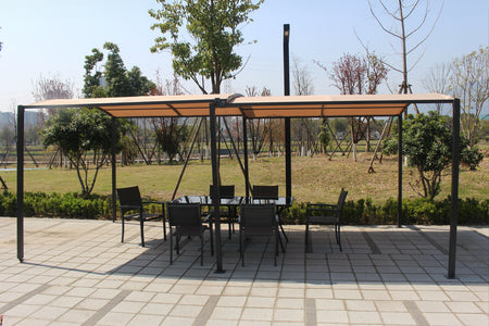 Pergola rétractable extensible et carport 9m2 jusqu'à 16m2 gris et beige ambiance