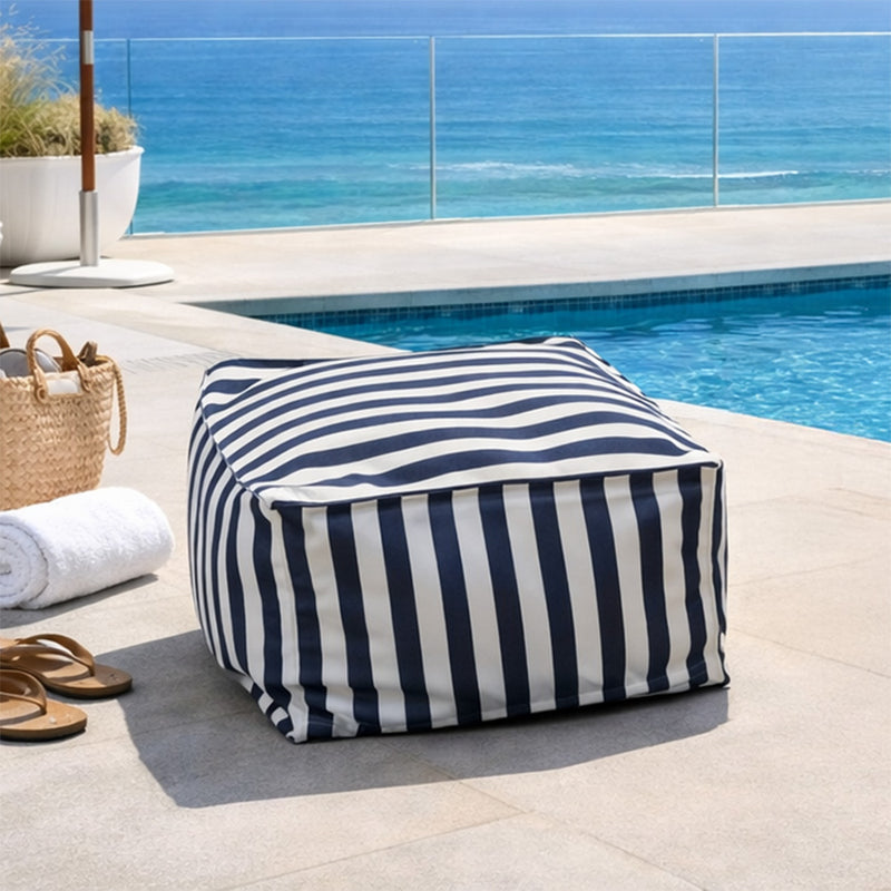 Pouf carré extérieur rayé bleu et blanc Positano