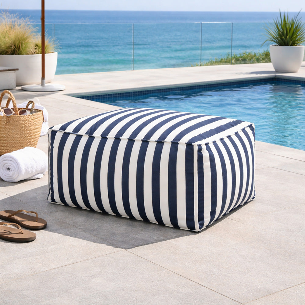 Pouf carré extérieur rayé bleu et blanc Positano