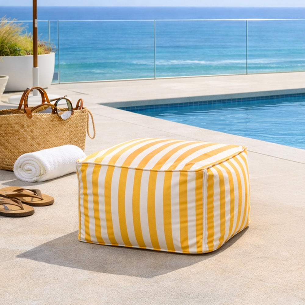 Pouf carré extérieur rayé jaune et blanc Positano