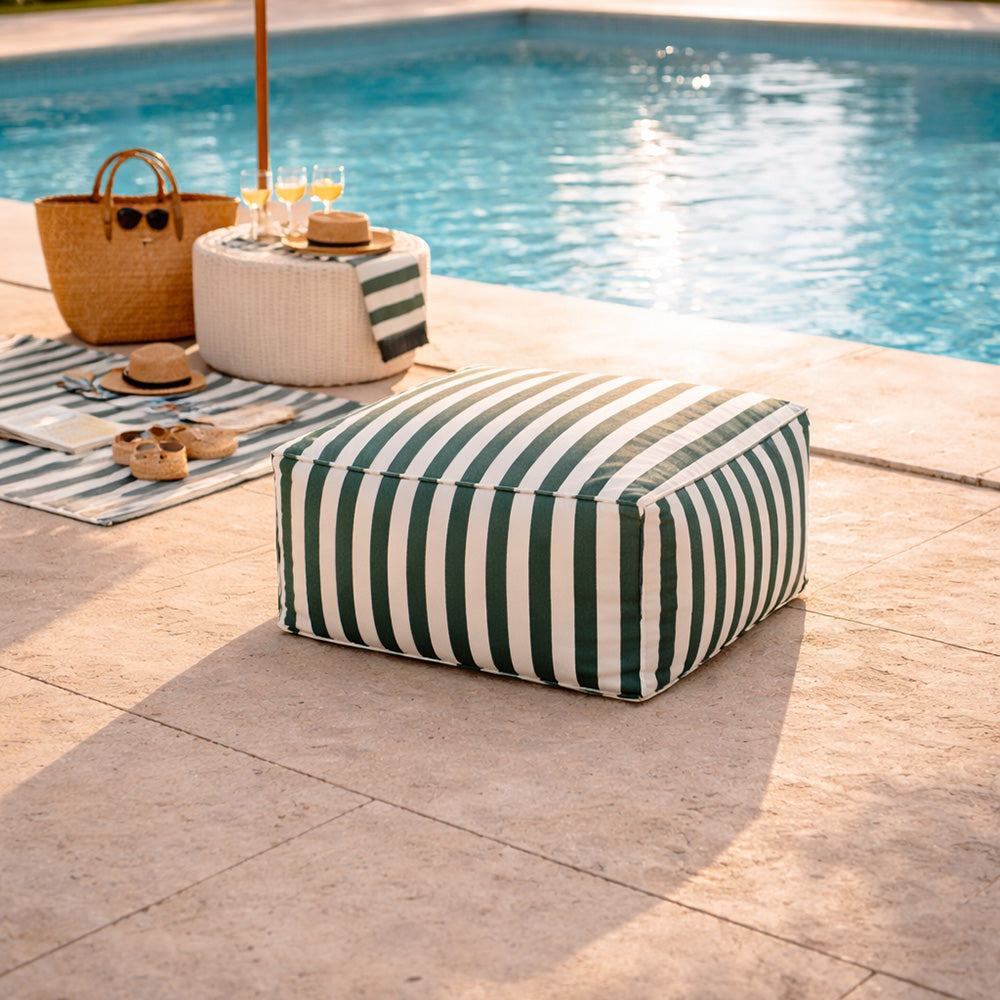 Pouf carré extérieur rayé vert et blanc Positano